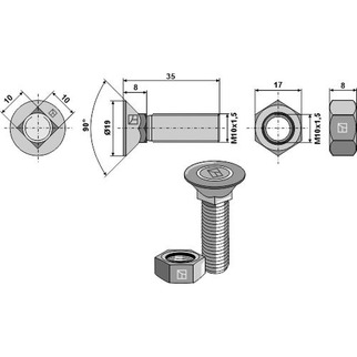 Bolt M10x35 m/firkantsett
